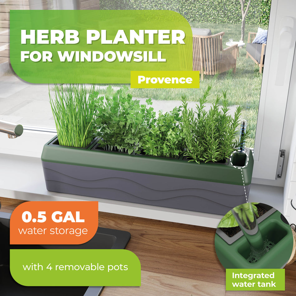Planter with Watering System PROVENCE, for Growing or Herbs, with 4 Pots