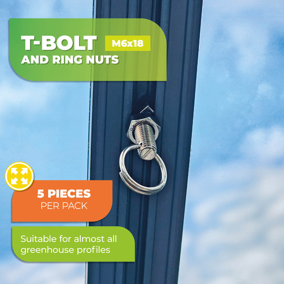 T-bolts with Nuts and Ring Eyelet for Greenhouses - 5 pcs., M6x18, Stainless Steel