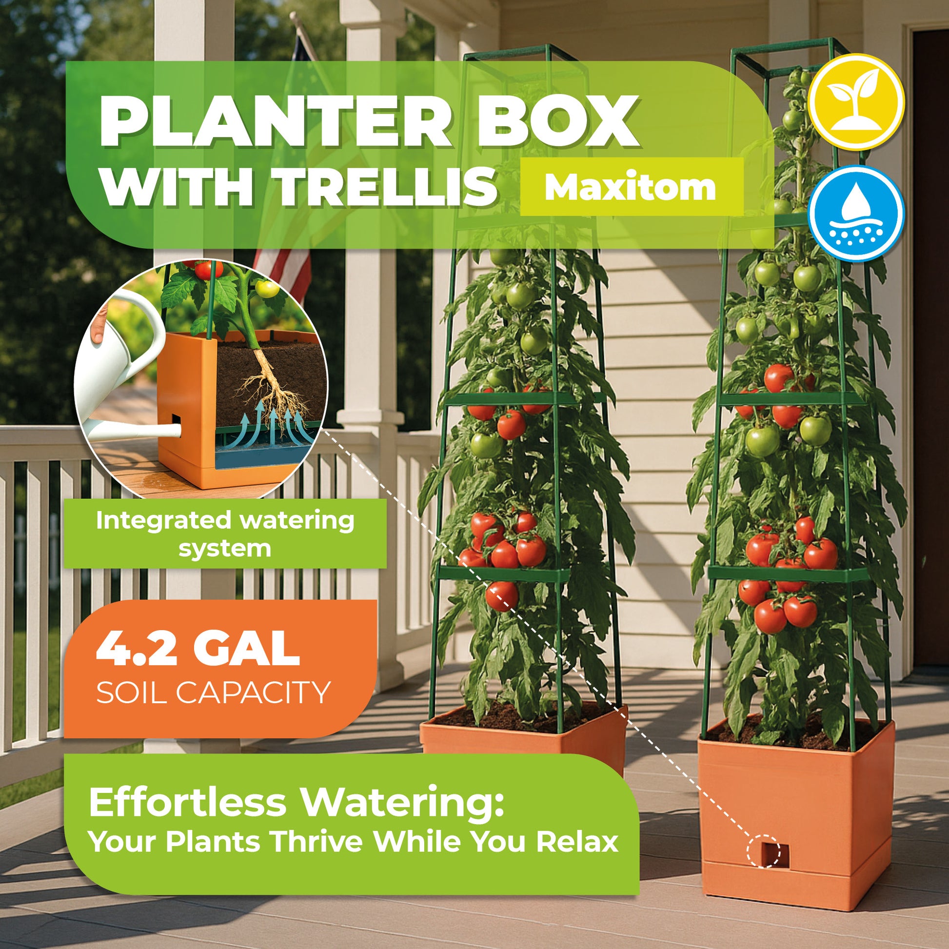 misco self watering planter Self Watering Planter Box With Trellis - "Maxitom" Terracotta, 2 Pcs