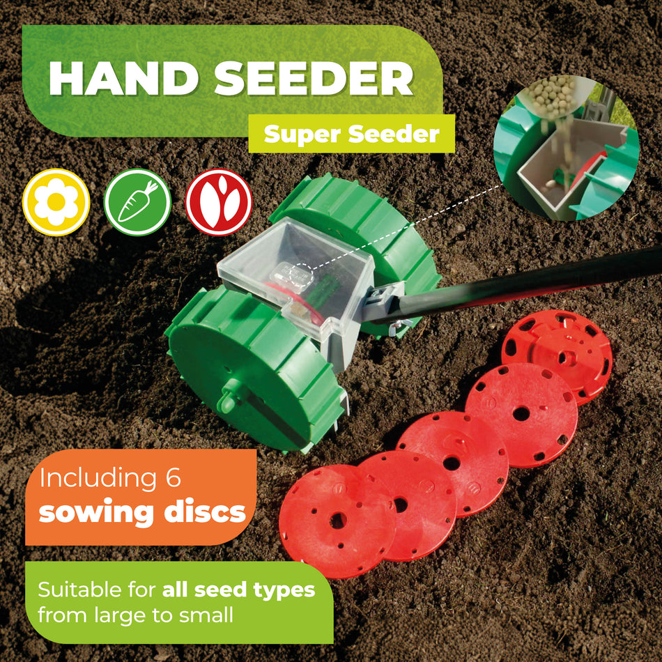Ergonomic Hand Seeder SUPER SEEDER, Garden Seed Drill incl. 6 Sowing Discs